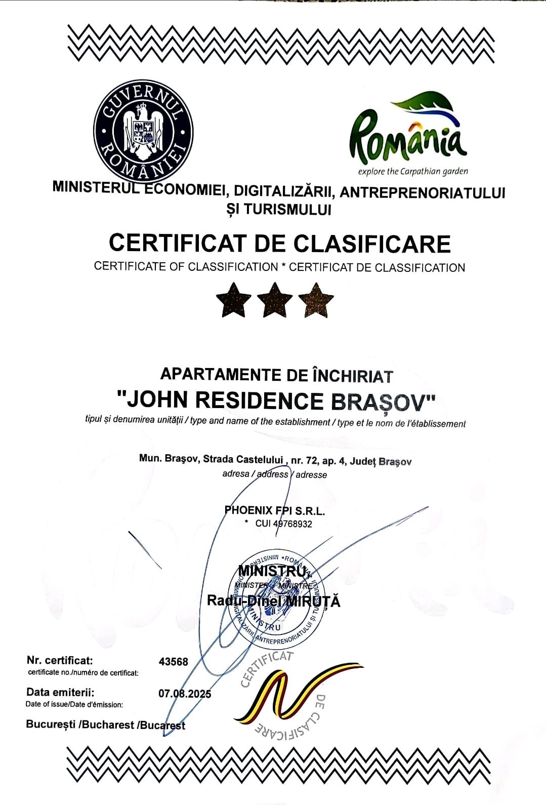Certificat Clasificare 3 Stele John Residence