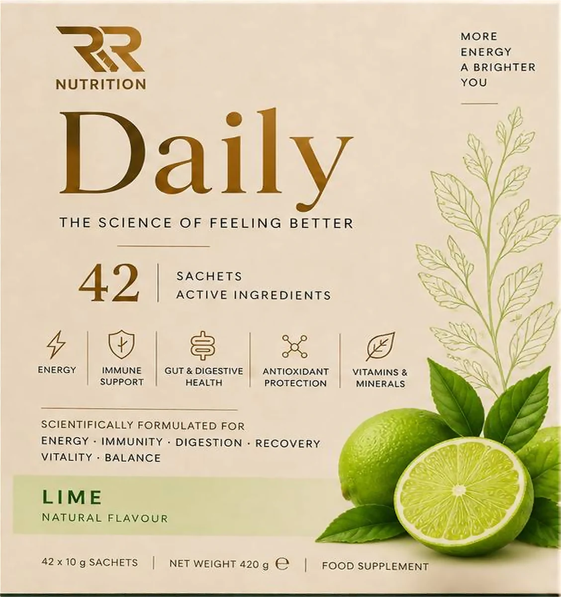 Cutia Daily de 30 de plicuri, aroma Lime, văzută din față