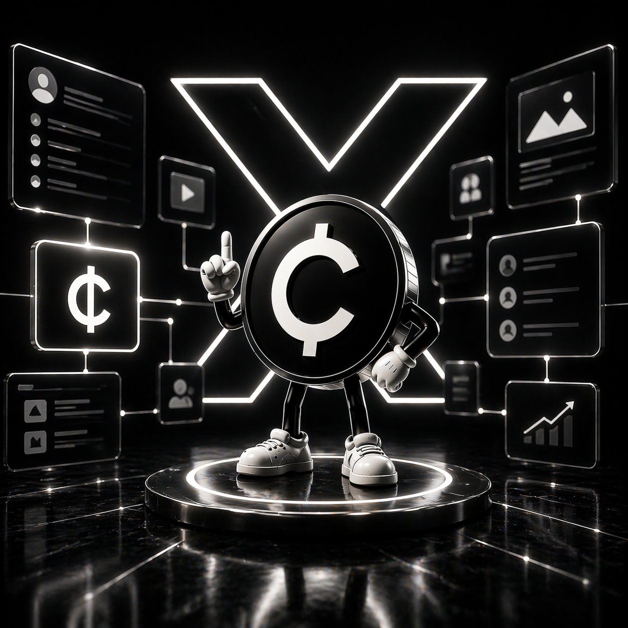 ¢ mascot with crypto icons